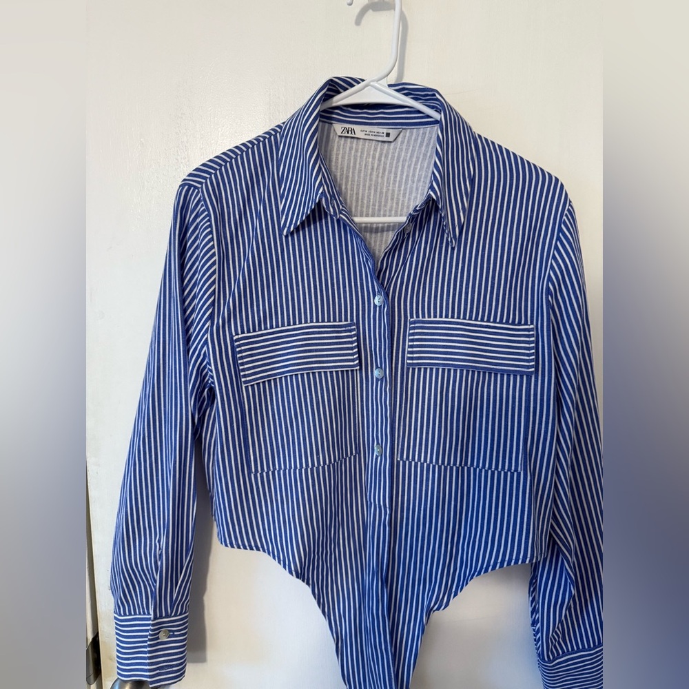 Zara Navy and White Striped Blouse